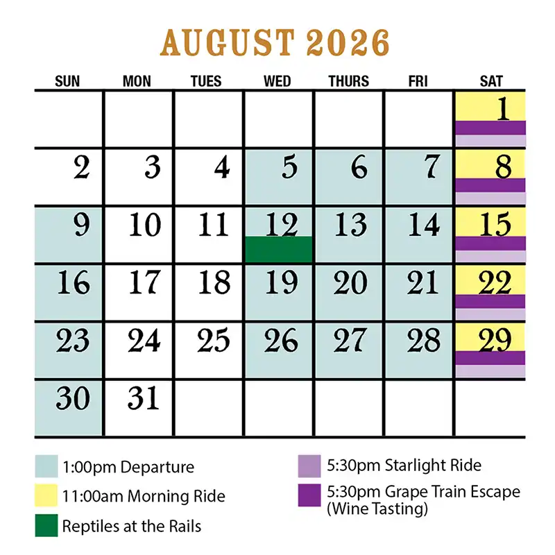 August 2026 Verde Canyon Railroad Train Schedule v3